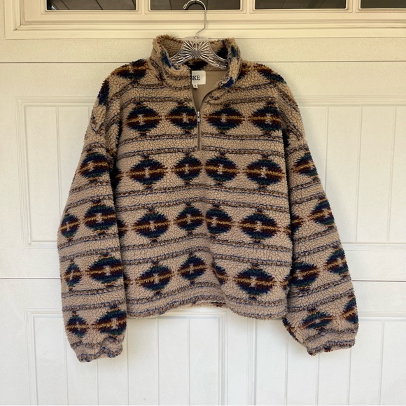 BKE Women’s Medium Colorful Aztec Pattern Tan Sherpa Wubby Quarter Zip Pullover - Picture 3 of 16